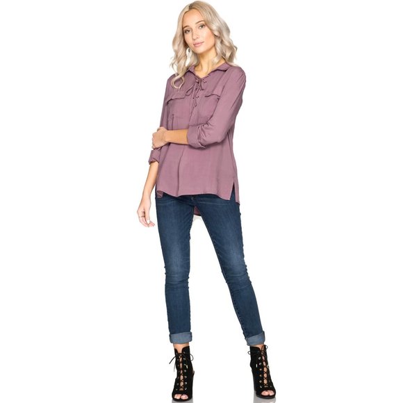 Lace Up Shirt With Pockets, Dusty Mauve - Picture 3 of 5